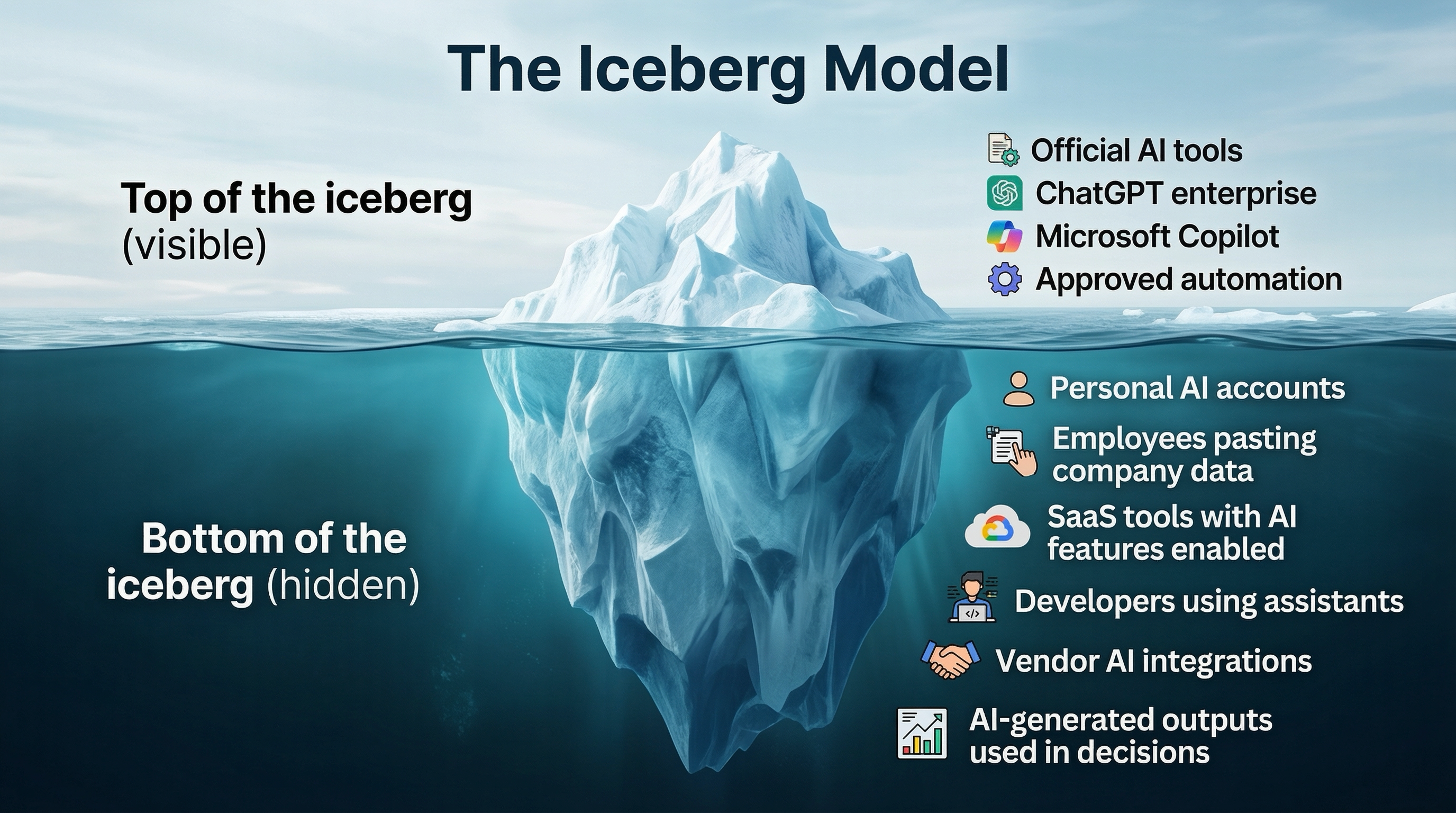 The Iceberg Model — official AI tools visible above the waterline, shadow AI hidden below including personal accounts, SaaS AI features, and vendor integrations